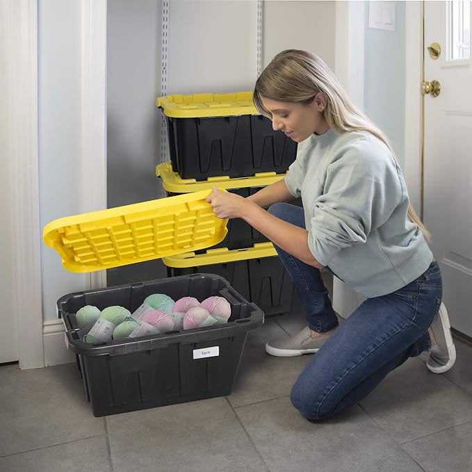 CX Heavy Duty 12-Gallon Stackable Plastic Storage Bins with Lids, 4 Pack | Storage totes for garage organization, Stackable containers, weather-resistant, snap lid, 12.5H x 16.3W x 21.8D, Black/Yellow - Image 7