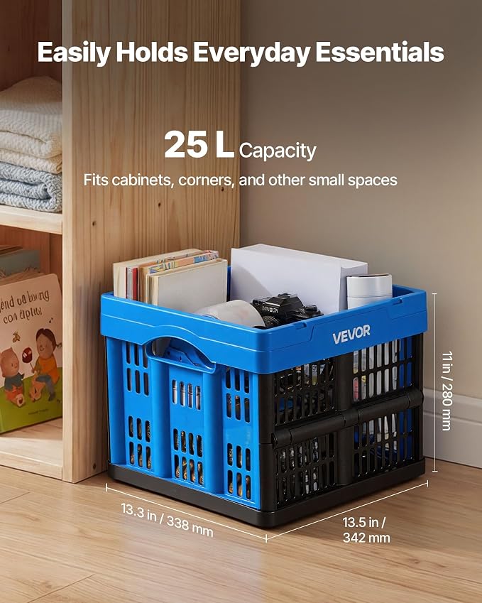VEVOR Plastic Collapsible Storage Bins, 25L 3 Packs, Stackable Folding Storage Crates with Handles, Holds 22 lbs Per Bin, Foldable Heavy Duty Containers, Space-Saving Baskets, for Home Organizing - Image 3
