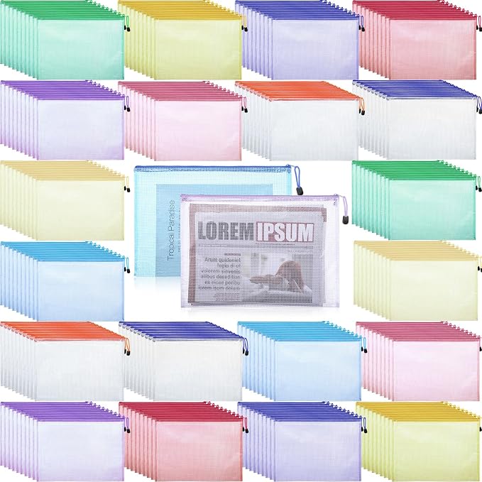 200 Pcs A4 Mesh Zipper Pouch Bulk Waterproof Mesh Zipper Organizer Plastic File Folder Case for School Office Supplies Document Board Games Puzzle(Colorful) by Zhehao
