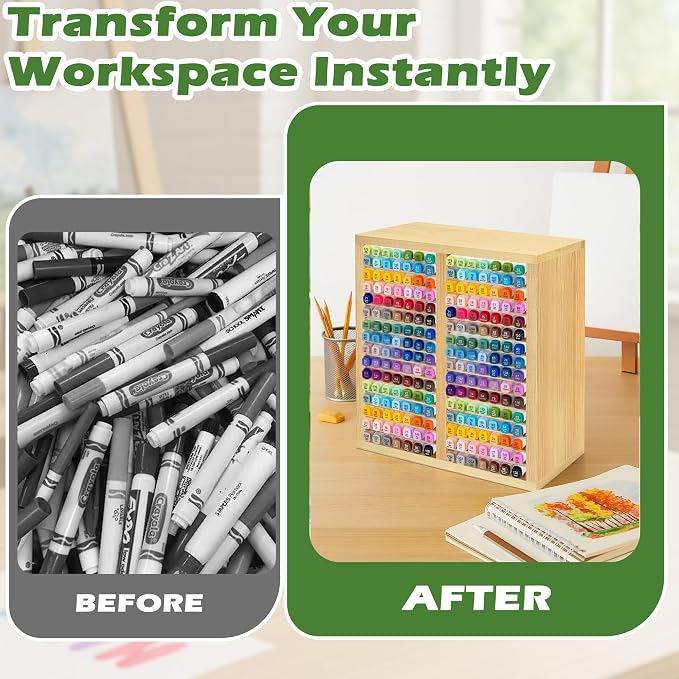 PROLEE Marker Organizer for 224 Markers, Wooden Alcohol Marker Holder with 32 Compartments, Horizontal Art Pen and Pencil Storage Rack for Desk, Classroom and Studio, Natural - Image 5