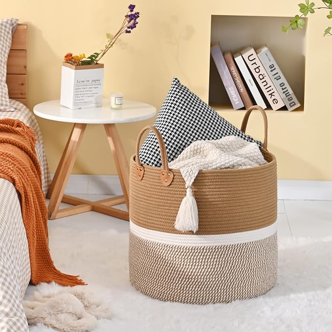 KAKAMAY Large Blanket Basket (18"x18"x16"),Woven Baby Laundry Hamper for Storage, Cotton Rope Blankets Baskets for Nursery, Laundry, Living Room, Pillows, Baby Toy chest with Handles (Brown) - Image 2