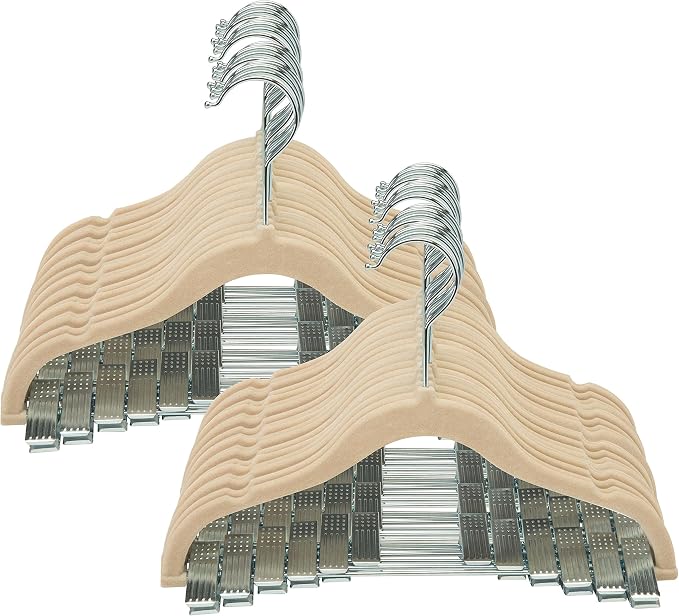 Simplify 60 Pack Children's Velvet Hangers | Durable | Lightweight | Non-Slip | Nursery | Shirt | Pants | Tank Top | Ivory | Clips | Closet Organization by Simplify