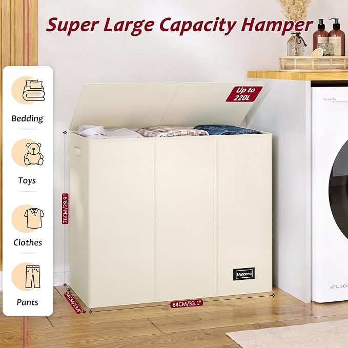 220L Laundry Hamper 3 Section,Large Laundry Hamper with Lid,Dirty Clothes Hamper with 3 Inner Bags,Collapsible Laundry Basket Organizer for Laundry Room,Bedroom,Laundry Sorter Hamper 3 Compartment - Image 2
