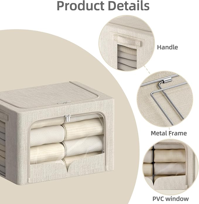 FHSQX 3 Pack Clothes Storage Bins - Foldable Metal Frame Storage Box - Stackable Linen Fabric Container Organizer Set with Carrying Handles and Clear Window (Beige, 15.7x11.8x9.8inch(30L)) - Image 2