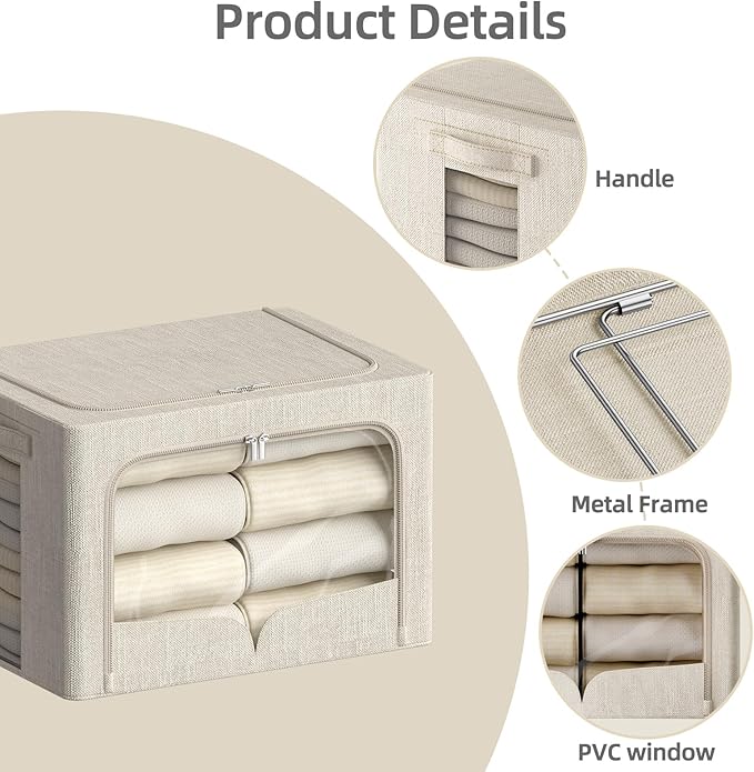 FHSQX 3 Pack Clothes Storage Bins - Foldable Metal Frame Storage Box - Stackable Linen Fabric Container Organizer Set with Carrying Handles and Clear Window (Beige, 16.5x12.2x12.2inch(40L)) - Image 6