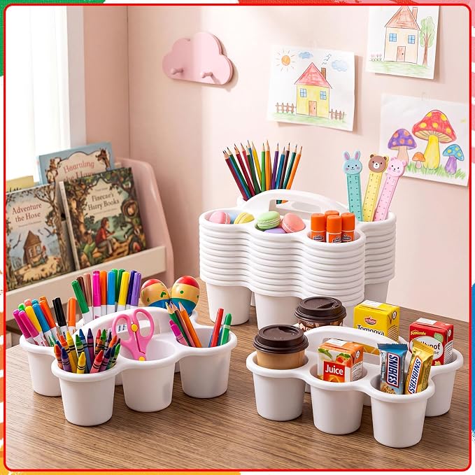 12 Pack Classroom Caddy Organizer with Handle 6 Compartment,White | Plastic Drink Cup Caddy Holder, Portable Storage Bin, for Pencil, Glue Stick, Crayons, Marker, Table, Office, School Supplies - Image 5