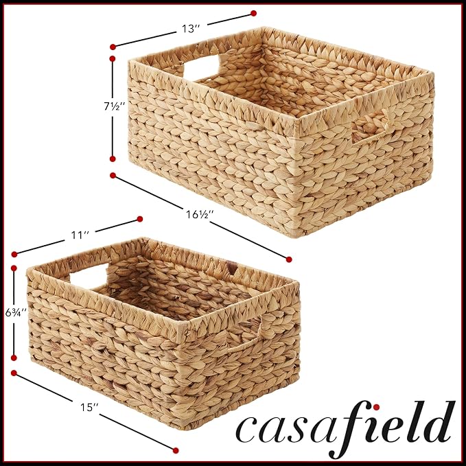 Casafield Set of 2 Water Hyacinth Storage Baskets with Handles - 1-Jumbo, 1-Large Woven Organizers for Bathroom, Laundry, Pantry, Office, Shelves - Image 6