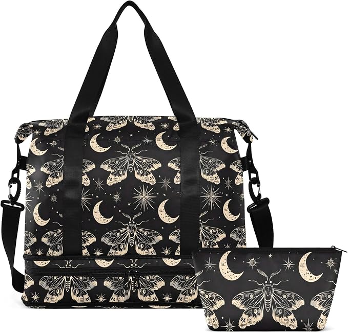 Travel Duffel Tote Bag Butterfly and Moon Skull Sports Duffel Bag with Wet Pocket Weekender Overnight Bag for Women Men Gym Bag, Carry On Bag Hospital Bag for Labor and Delivery by MNSRUU