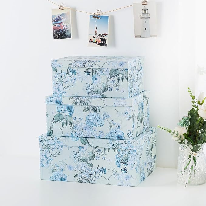Soul & Lane - Springtime Joy Decorative Storage Boxes with Lids, Set of 3 | Large Nesting Keepsake Boxes for Memories, Photos and Gifts, Sturdy Blue Hydrangea Flowered Containers for Home Decor - Image 2