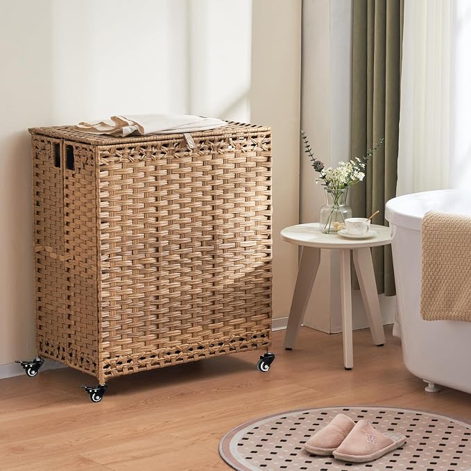Laundry Hamper with Wheels&Lid, 50.2 Gallons(190L) Rolling Laundry Basket with Wheels, 3-Section Laundry Hamper, Handwoven Rattan Clothes Hamper with 6 Removable Liner& 3 Mesh Laundry Bags, Natural - Image 2