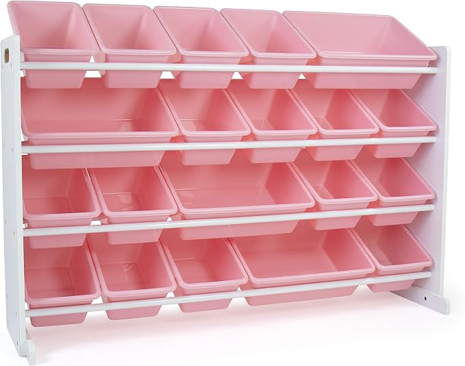 Humble Crew Kids Toy Organizer with 20 Bins, 4 Tier Storage for Playroom | Sturdy wood and steel toddler shelf, removable BPA-free containers, wall anchor anti-tip safety kit for bedroom or classroom by HumbleCrew