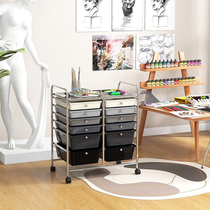 12 Drawer Rolling Storage Cart, Craft Cart Organizer on Wheels w/Metal Frame, Large Capacity & Smooth Drawer, Rolling Cart w/Drawers for Classroom, Office - Image 2