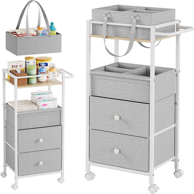 3In1 Modanais Baby Diaper Caddy Organizer Cart with Drawers, Light Gray | Rolling Storage Cart, Removable Diaper Caddy, Detachable Dividers - for Crib, Bedroom, Art & Craft Organizer by HomeOrganizersandStorage