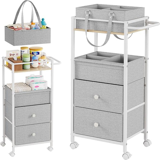 3In1 Modanais Baby Diaper Caddy Organizer Cart with Drawers, Light Gray | Rolling Storage Cart, Removable Diaper Caddy, Detachable Dividers - for Crib, Bedroom, Art & Craft Organizer by HomeOrganizersandStorage
