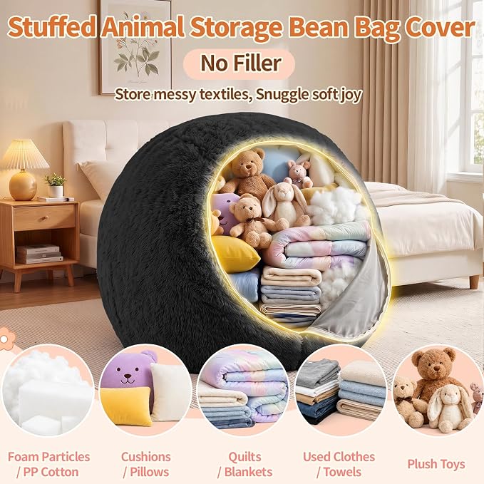 Stuffed Animal Storage Bean Bag Chair Cover, Soft Bean Bag Cover | Fluffy Faux Fur Stuffed Animal Storage Chair, Non-Slip Bottom, Fill with Plush Toys or Blankets, for Kids Teens Adults Girls - Image 3