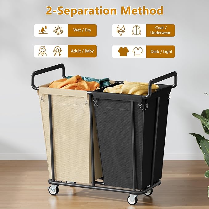Gewudraw 2 Section Heavy Duty Laundry Basket with Wheels, 360L | Big Rolling Laundry Basket Sorter Cart, Extra Large Clothes Hamper, Laundry Basket Organizer for Laundry Room, Bathroom - Image 3