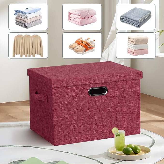 Storage Bins with Lids Fabric Closet Organizers Cubes Office Organization | 36 Quart 3 Pack Bright Red Collapsible Stackable Linen Fabric 4 Handles Bedroom Closet Cabinet Under Bed Clothes Toy Office - Image 6