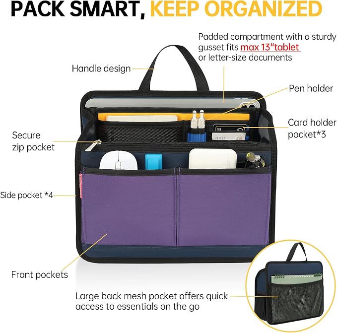 Small Rugged Organizer Insert for Briefcase Tote Shoulder Messenger Bag-19 Pockets,Padded Water-repellent Nylon-Mix - Image 2