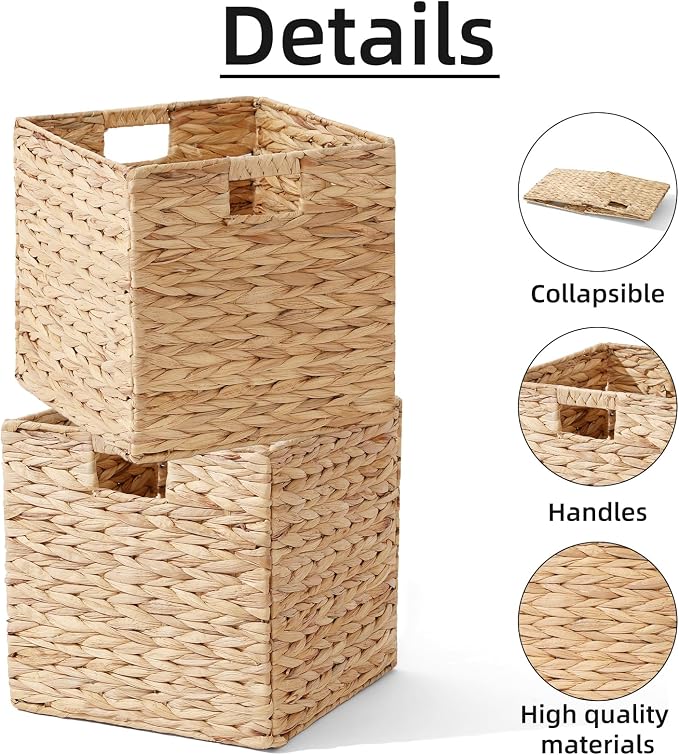 Water Hyacinth Storage Basket, Set of 2 Hand-Woven Wicker Baskets, Foldable Cube Storage Bins, Wicker Cube Laundry Organizer, Square Baskets for Organizing Shelves Decor, 12x12x12in - Image 3