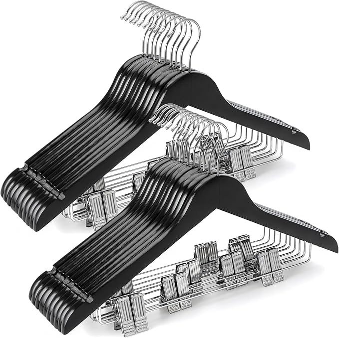 TOPIA HANGER Wooden Suit Hangers with Adjustable Metal Clips (20 Pack), Solid Wood Coat Hangers, 360° Swivel Hook, Premium Clothes Hangers for Jacket, Pant, Jeans, Blouse-Black, CT28B20 by TOPIAHANGER