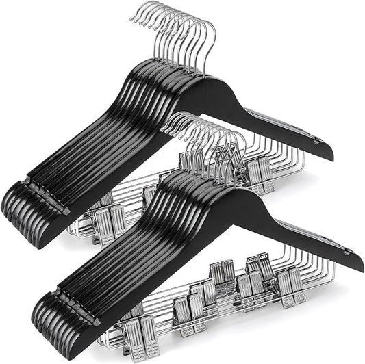 TOPIA HANGER Wooden Suit Hangers with Adjustable Metal Clips (20 Pack), Solid Wood Coat Hangers, 360° Swivel Hook, Premium Clothes Hangers for Jacket, Pant, Jeans, Blouse-Black, CT28B20 by TOPIAHANGER