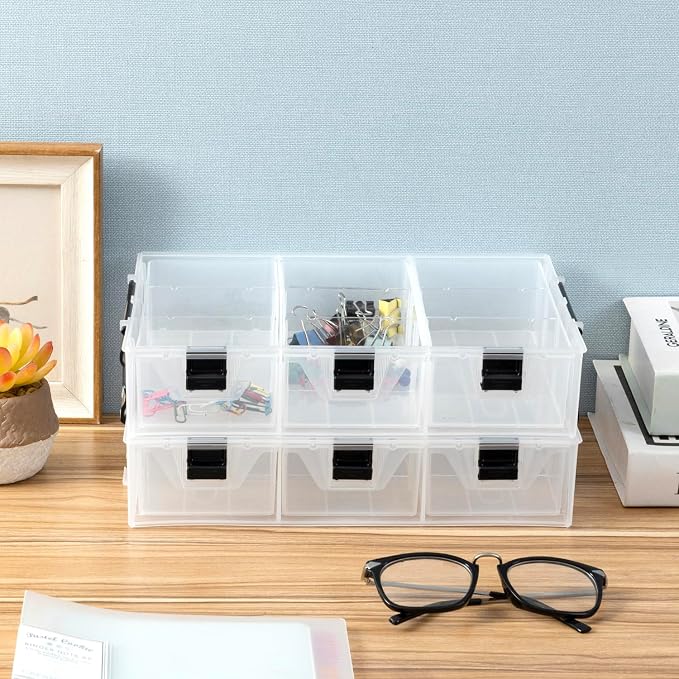 MyGift Single Add-on Tray for 11 Inch Clear Arts and Crafts Stackable Storage Box, Sewing Supplies Storage Organizer Case Accessory Optional Tray with Black Accents, 3 Drawers and Removable Dividers - Image 5