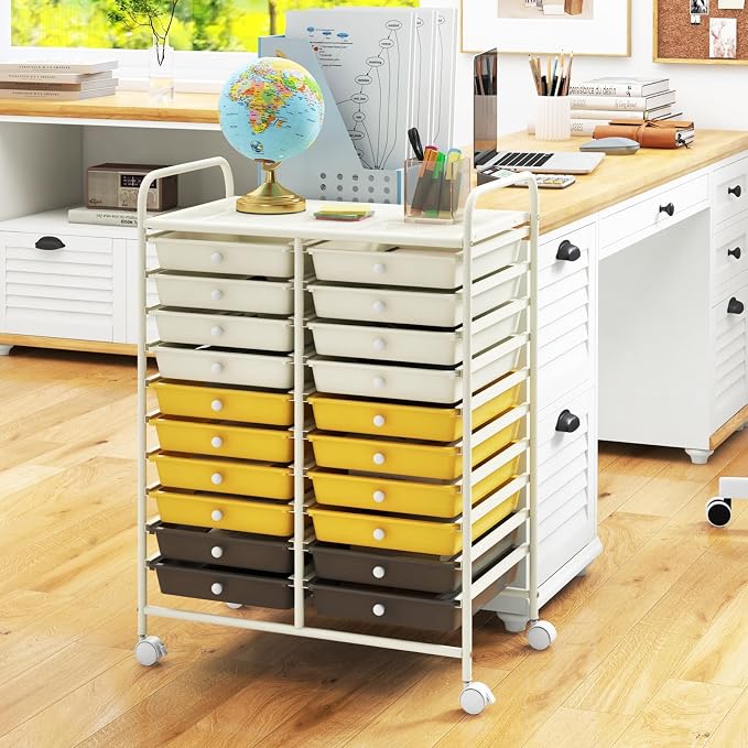 RELAX4LIFE 20 Drawer Rolling Storage Cart, Mobile Rolling Cart w/Drawers for School Classroom Teacher Office Home Salon, Paper File Art Supply Craft Organizer, Utility Cart on Wheels (Yellow) - Image 2