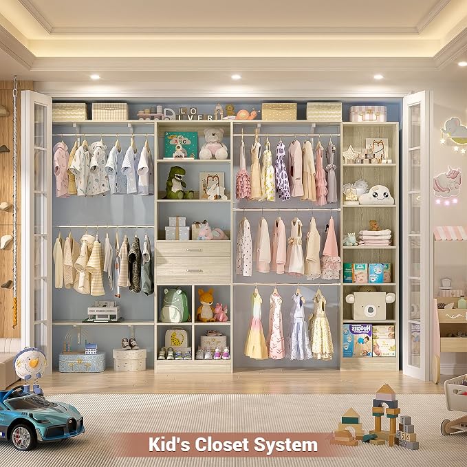 Besiost Closet System - 9.4FT/112" Closet Organizer System with Wooden Drawers,Closet Systems for Walk-In Closets with Hang Rods and Open Cabinet, Greige Oak - Image 6