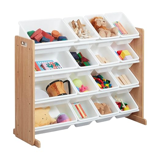 ECR4Kids 4-Tier Organizer with 16 Bins, Toy Storage, Dark Natural/White | Durable plastic bins, MDF panels, steel frame, GREENGUARD Gold Certified, 60 lb capacity, anti-tip kit, playroom/classroom - Image 10