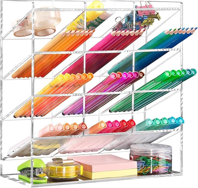 BEYGORM Acrylic Vertical Marker Organizer for 150 Markers, Desk Orgaizer | 13 Compartments Clear Angled Pen & Pencil Holder, Large Stationery & Art Supply Storage for School (10.2 x 9.8 x 4 Inch) by BEYGORM