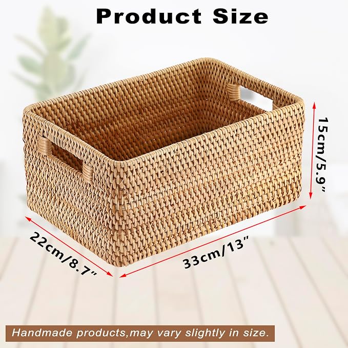 Hipiwe Woven Rattan Basket Natural Wicker Storage Basket Box with Handles | Rectangular Open Storage Bin for Shelf Bathroom Living Room Kitchen, 13" x 8.7" x 5.9" - Image 3