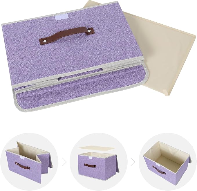 ANMINY Fabric Storage Box Bins with Lids, Purple, 15"x10"x10" | Keepsake Memory Storage, Cotton Linen, PP Board Reinforced, Washable, PU Handles, Foldable & Stackable, Decorative, Large - Image 8