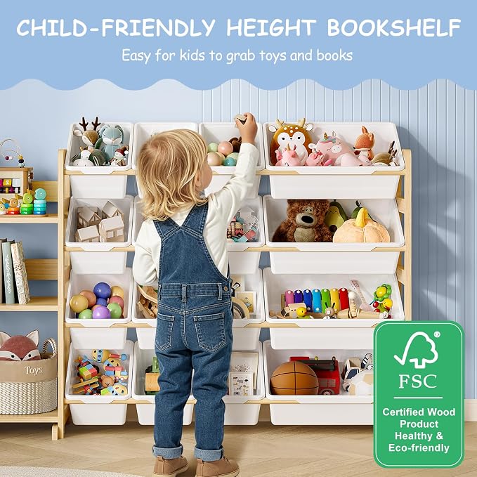 EXPERLAM Toy Storage Organizer, Toy Storage Shelf with 3 Shelves and 16 Storage Bins (12 Small + 4 Large), 3-in-1 Kids Bookshelf for Kids Rooms, Playroom, Nursery, White - Image 6