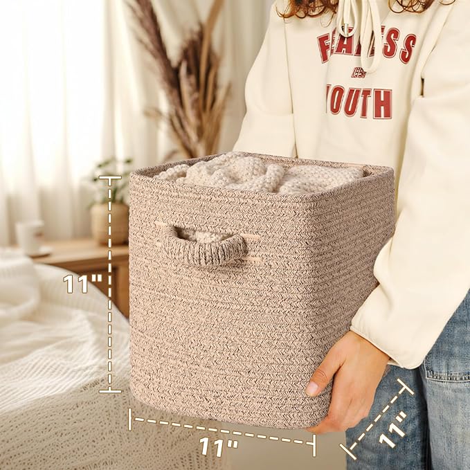 11 Inch Storage Cubes, 3 Pack Cube Storage Bins for Organizing, Cotton Rope Woven Baskets for Shelves, Bathroom, Kids Room, Closets, Baby Nursery - Image 6