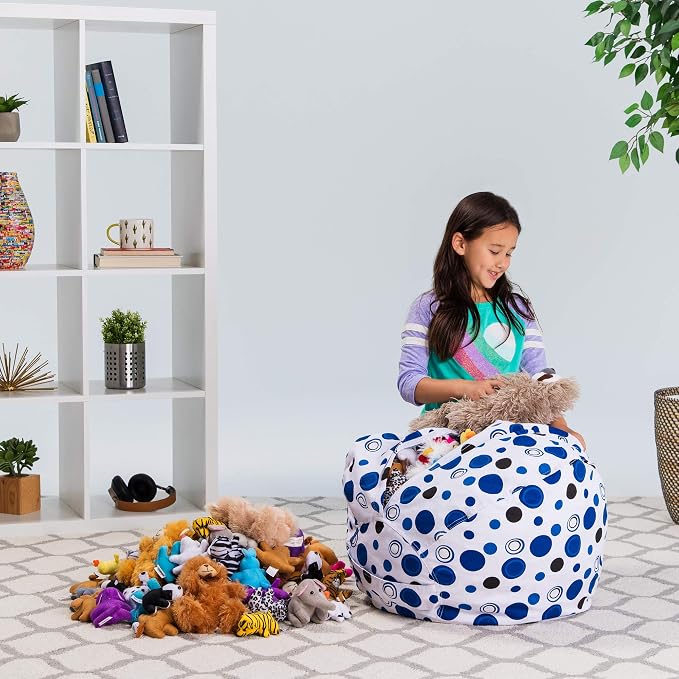 Posh Stuffable Kids Stuffed Animal Storage Bean Bag Chair Cover - Childrens Toy Organizer, Medium 27" - Canvas Bubbles Blue and White - Image 6