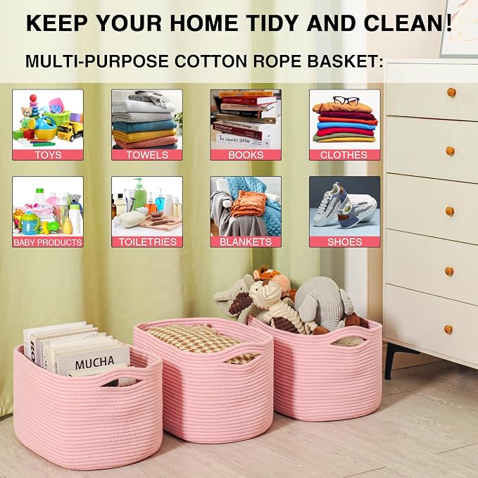 Pink Storage Baskets for Organizing Shelves, Woven Cotton Rope Baskets for Storage, Toy Basket for Kids, Cute Basket for Shelves Closet, 14.8"×11"×9.5", Pack of 3, Light Pink - Image 4