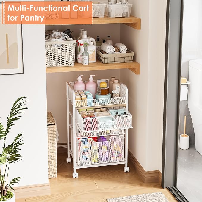 4-Tier Rolling Utility Cart with 3 Drawers-White Craft Organizers and Storage with DIY Dividers, Under Desk Cart with Lockable Wheels, Craft Cart Art Cart for Brushes Artifacts Patent Pending - Image 7