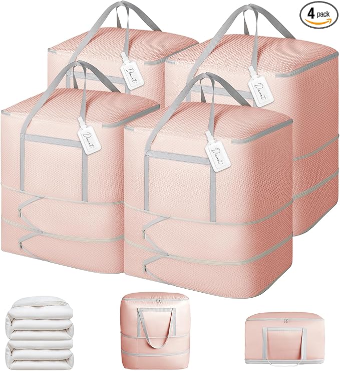 Comforter Storage Bag - 120L Bedding Storage Bags for Moving Closet, Washable Blanket Storage Bag, Ultra Space Saving Self Compression Organizer, 4-Pack, Pink by EasortmPackingCubes