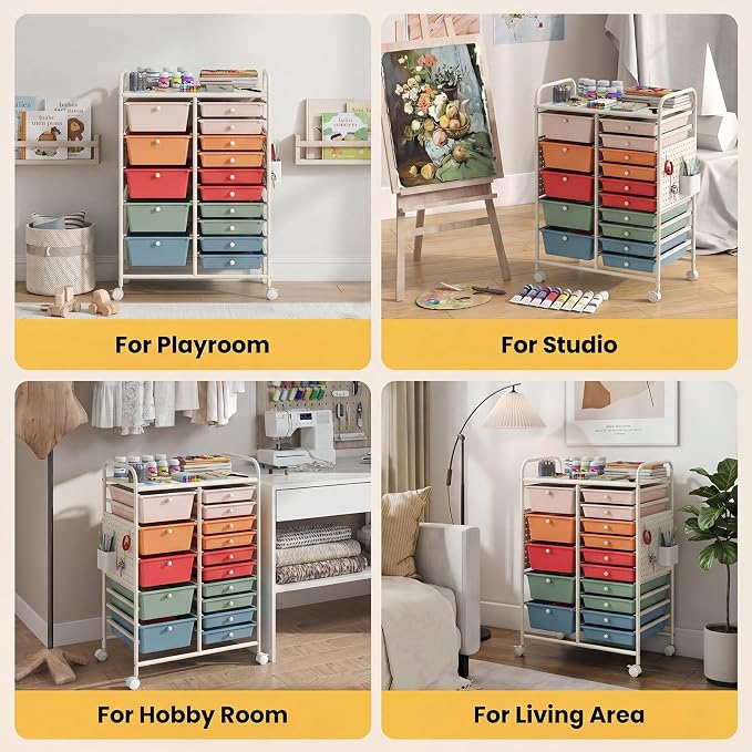 DREAMADE 15-Drawer Rolling Storage Cart, Craft Organizer Cart, Macaron | Mobile Utility Cart with Metal Pegboard Panels, Tabletop and Lockable Wheels for Classroom, Office, Studio and Playroom - Image 8