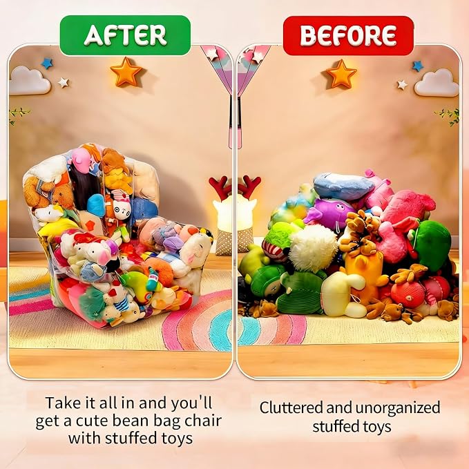Clear Stuffed Animal Storage Bean Bag Chair Cover - Extra Large 150L, Waterproof & Easy-Clean Toy Organizer with Plastic Window,forNursery, Bedroom, Playroom (Cover Only, No Filler) (Extra large size) - Image 9