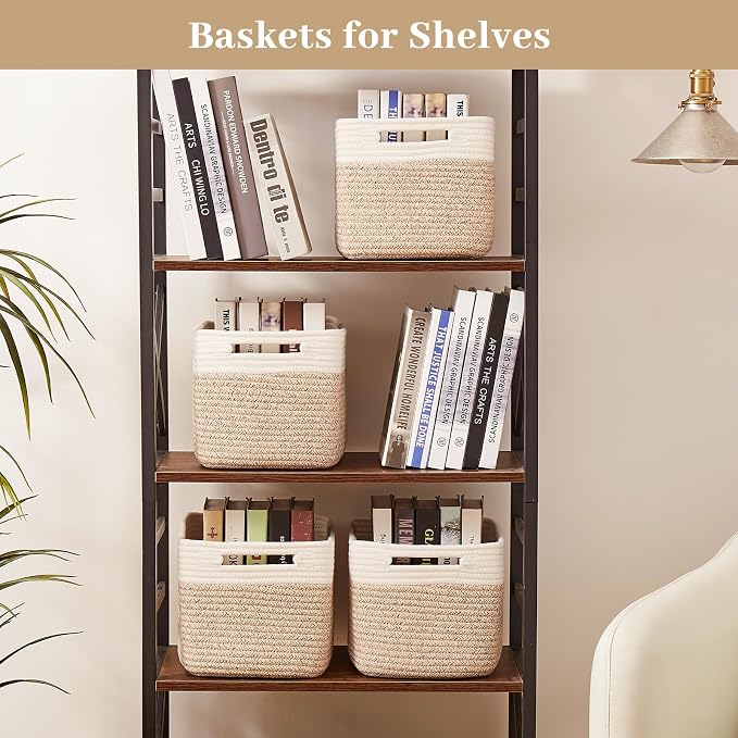 OIAHOMY 4 Pack Storage Basket, 13"x9"x7.8" Cotton Rope Baskets for Shelves, Closet Organizer for Bedroom & Living Room, Soft Decorative Bins for Organizing Towels, Books & Toys, Brown & White - Image 6