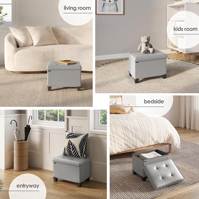 Storage Ottoman Cube with Small Bin, 16-in Square Ottoman with Storage for Living Room and Bedroom, Small Ottomans Foot Rest, Leather Foot Stools Ottomans Max 330lbs, Light Grey - Image 4