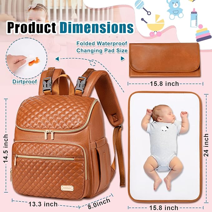 Diaper Bag Backpack Leather Baby Diaper Bag with Changing Pad Travel Diaper Backpack,Baby Bag for Mom,Stroller Straps,5 Insulated Pockets (Brown Leather) - Image 2