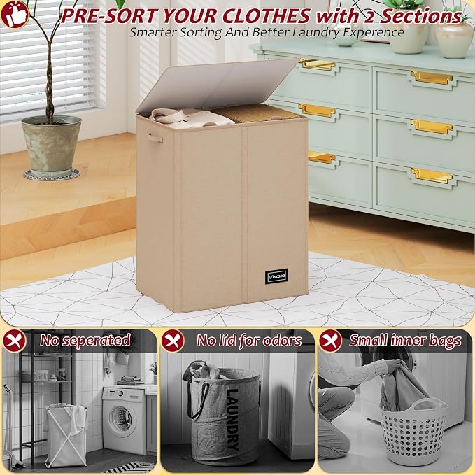 150L Laundry Hamper 2 Section, Large Laundry Hamper with Lid, Dirty Clothes Hamper with 2 Removable Inner Bags, Collapsible Laundry Basket Organizer for for Clothes Toys Towels, Hamper 2 Compartment - Image 6