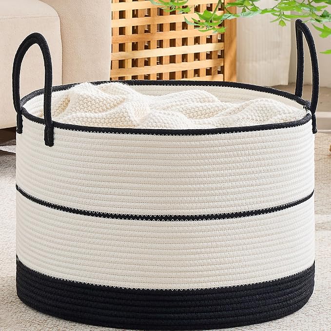 KAKAMAY Large Blanket Basket with Handles, Storage Basket for Living Room | Extra Large Capacity | Natural Cotton Rope | Blanket Storage | Woven Storage Basket | Stuffed Animal Storage | Laundry Basket by KAKAMAY