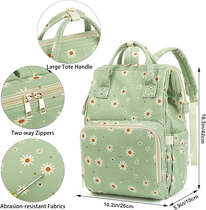 Corduroy Diaper Bag Backpack for Baby Girls Boys, Women Large Nappy Bags for Mom (Green Corduroy Daisy) - Image 7