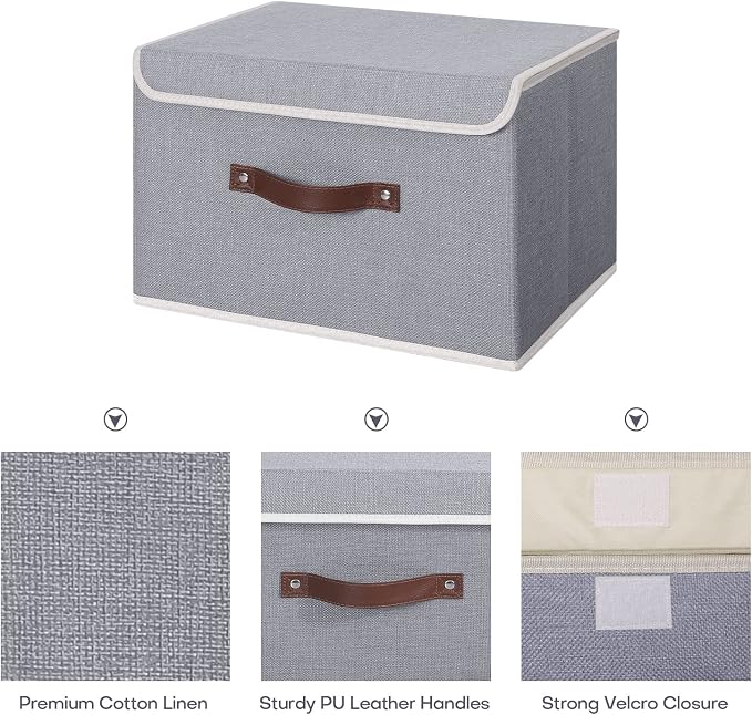 ANMINY Fabric Storage Box Bins with Lids, Gray, 15"x10"x10", 2 Pack | Keepsake Memory Storage, Cotton Linen, PP Board Reinforced, Washable, PU Handles, Foldable & Stackable, Decorative, Large - Image 3