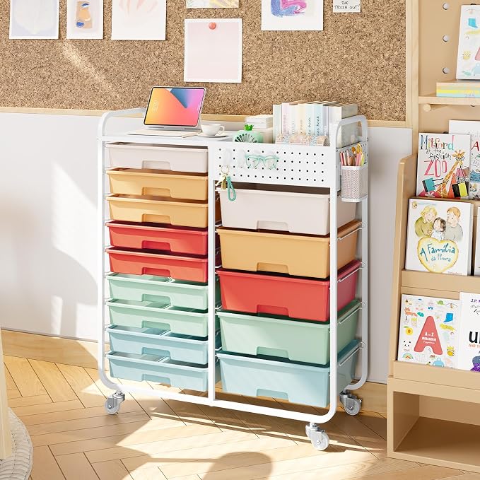 14 Drawer Rolling Storage Cart with Tabletop and Pegboard for Craft Color | Easy Setup, Large Capacity, Sturdy Build, Smooth Mobility, For classroom, office and dorm supplies - Image 9