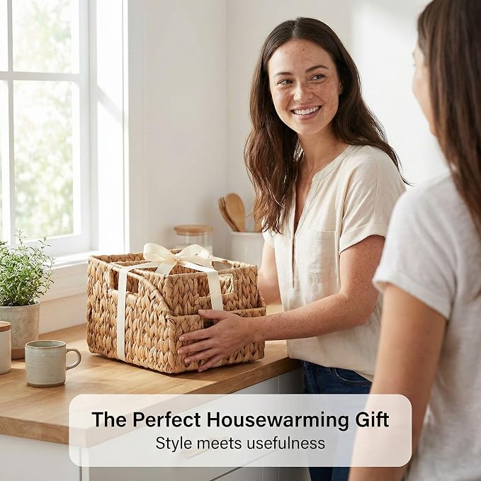DEILSY™ Water Hyacinth Wicker Storage Baskets for Shelves with Handles 2pk | wicker basket with built-in handles, woven basket, ideal for towels, toys, pantry items and everyday home organization - Image 7