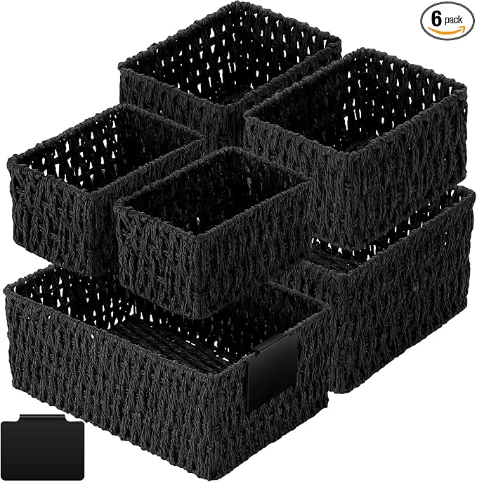 Marsui 6 Pcs Wicker Storage Baskets for Pantry Organization with Labels Handwoven Paper Rope Multi-size Black Wicker Storage Bins for Organizing Small Baskets Container for Shelves Closet Toilet by Marsui